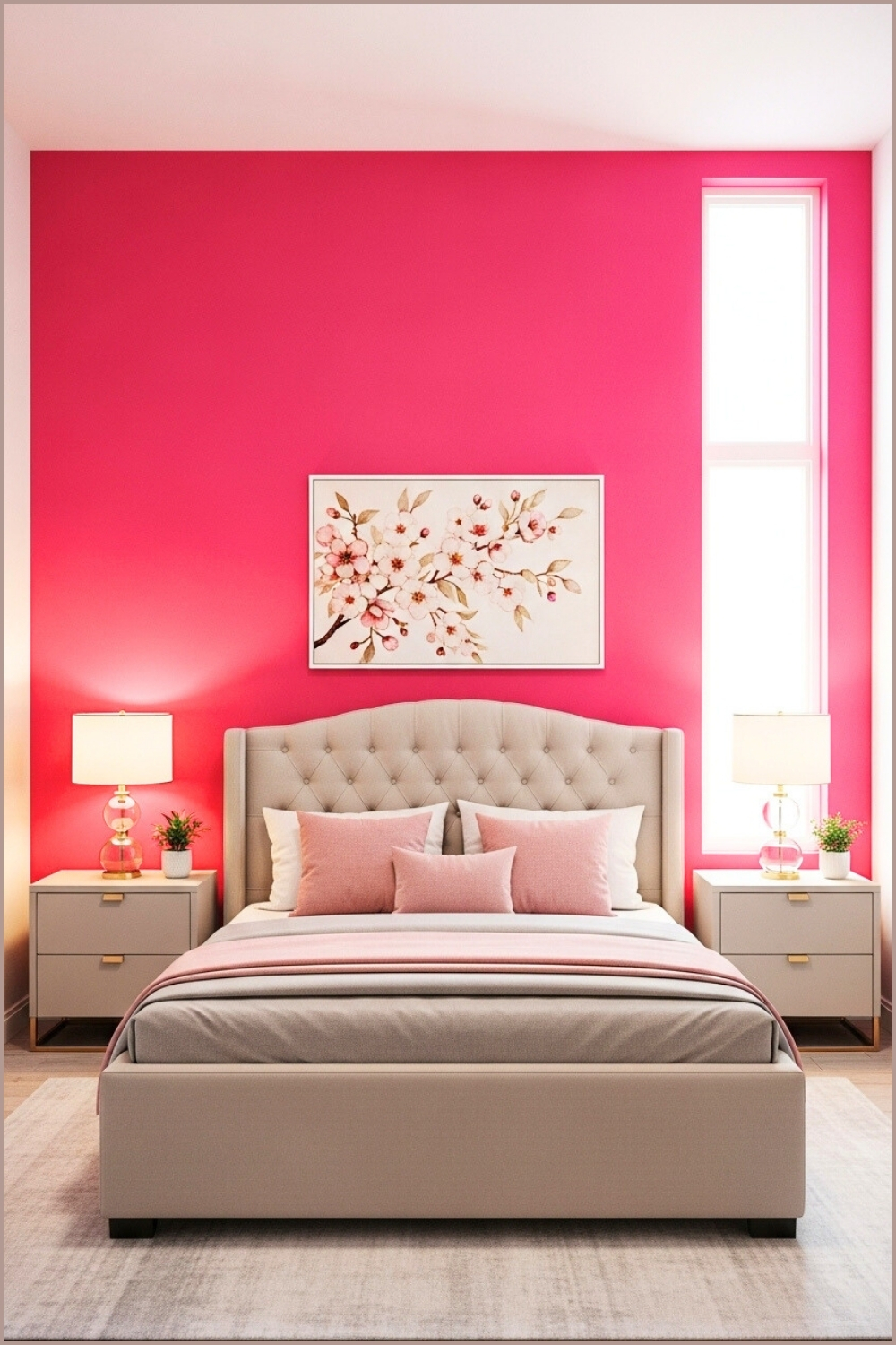 Modern Bedroom, Vibrant Hot Pink Accent Wall, Beige Tufted Bed