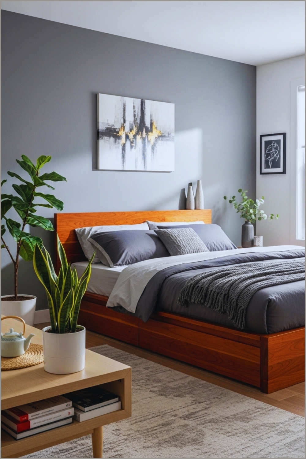 Modern Bedroom With Cherry Wood Platform Bed, Gray Accent Wall