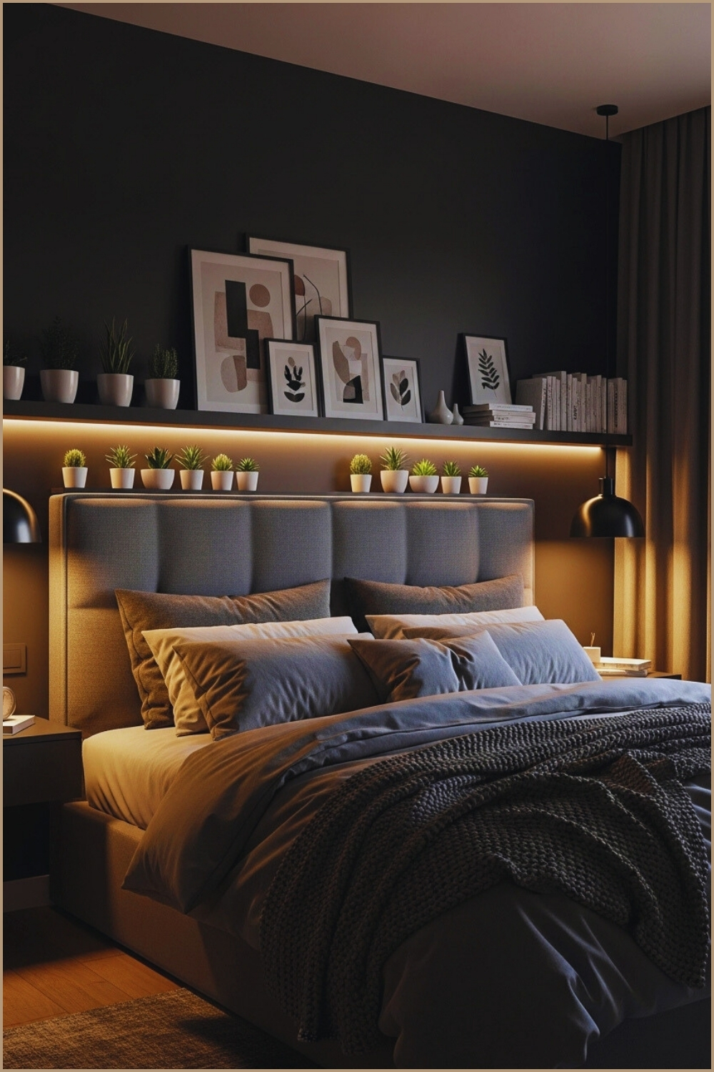 Modern Bedroom With Dark Charcoal Walls Upholstered Gray Headboard