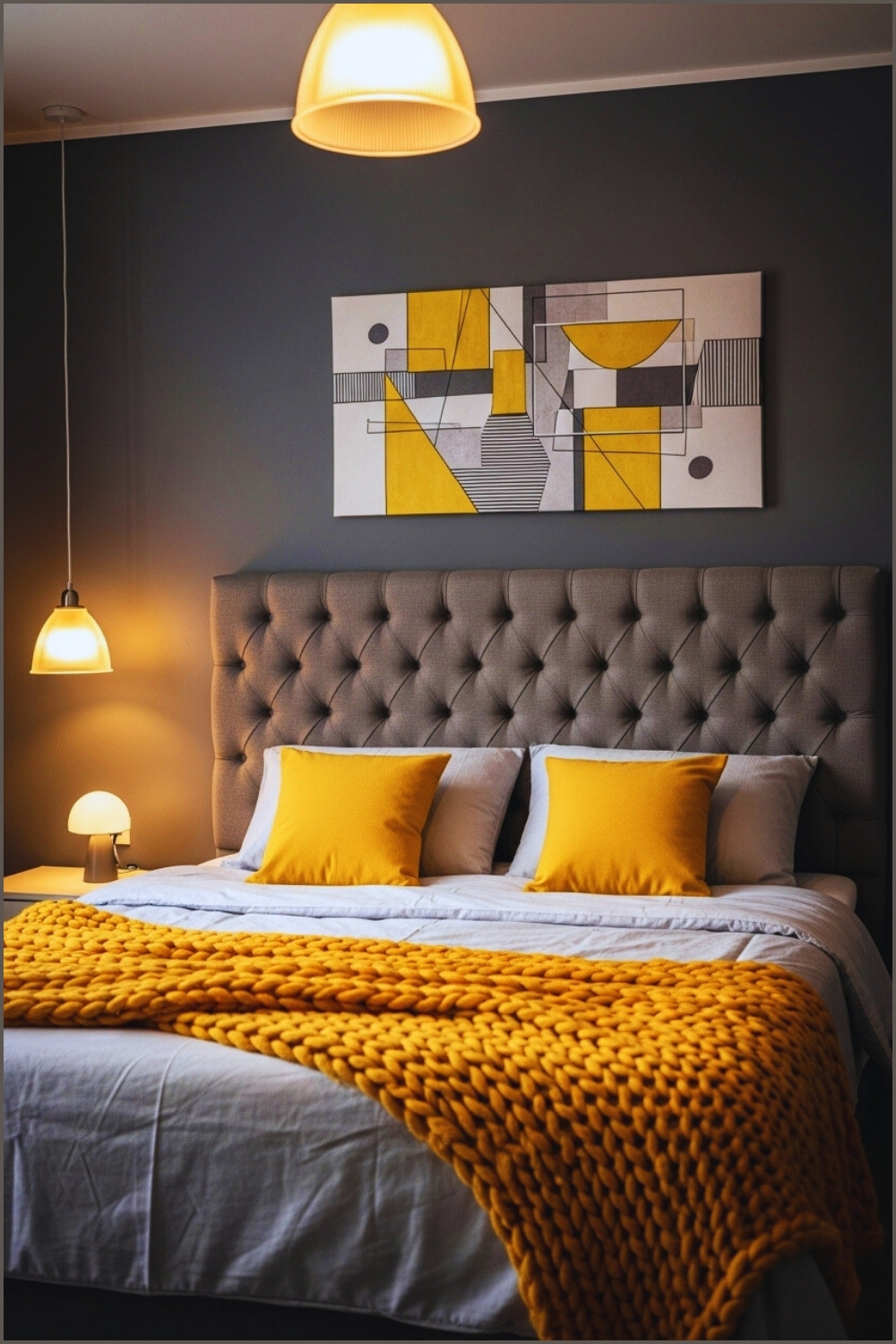 Modern Bedroom With Dark Gray Walls Tufted Gray Headboard