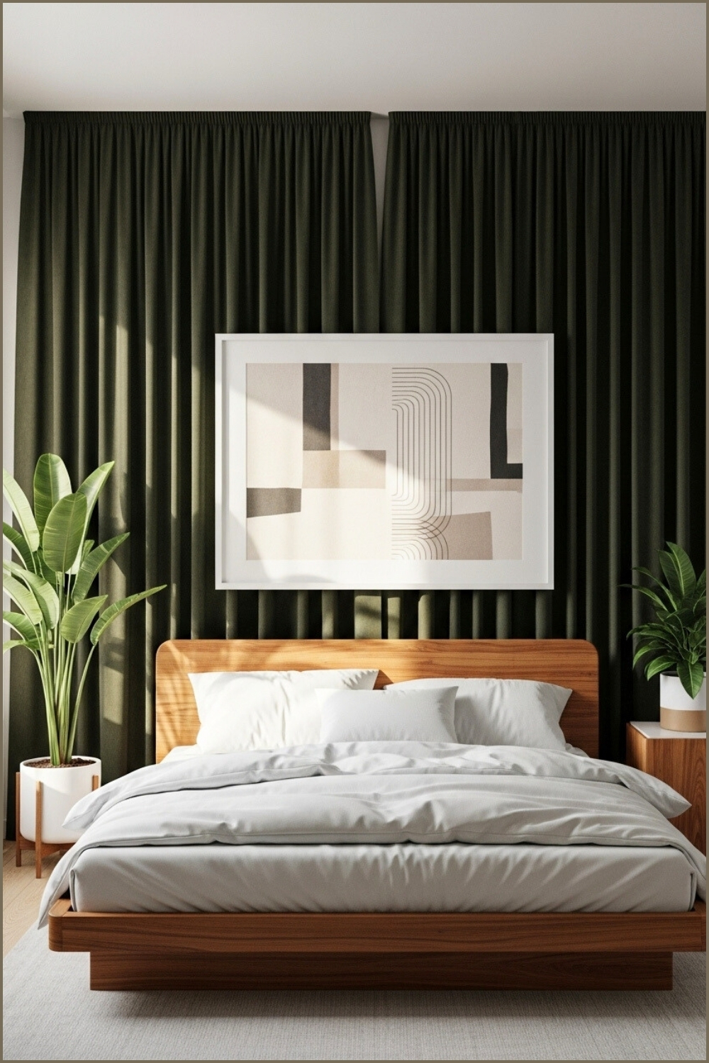Modern Bedroom With Dark Green Velvet Curtains, Wooden Bed Frame