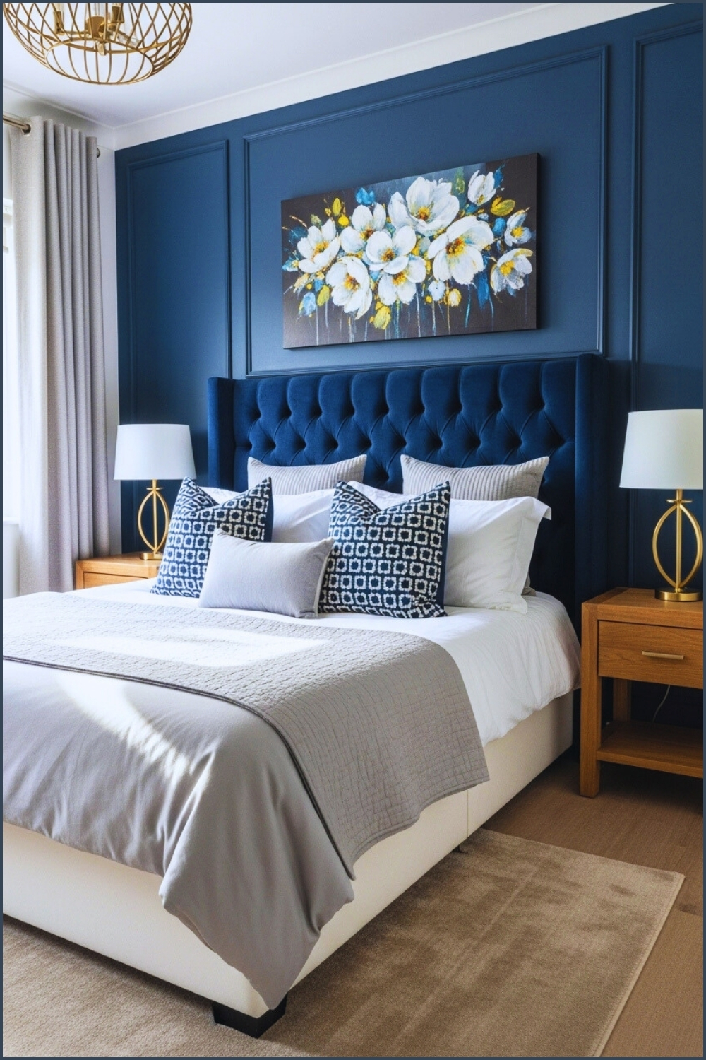 Modern Bedroom With Navy Blue Paneled Walls Tufted Velvet Headboard
