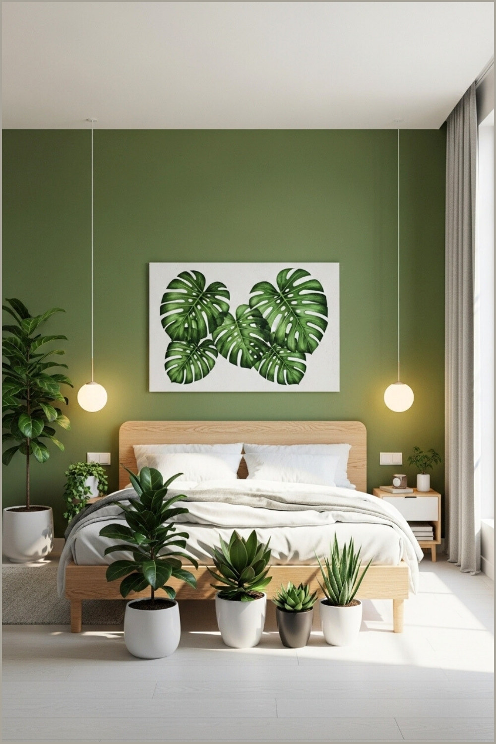 Modern Bedroom With Olive Green Accent Wall Wooden Bed Frame