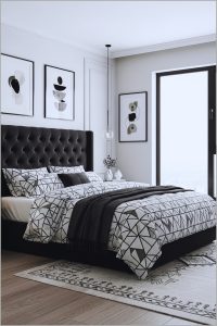 Modern Black And White Bedroom With Tufted Black Headboard