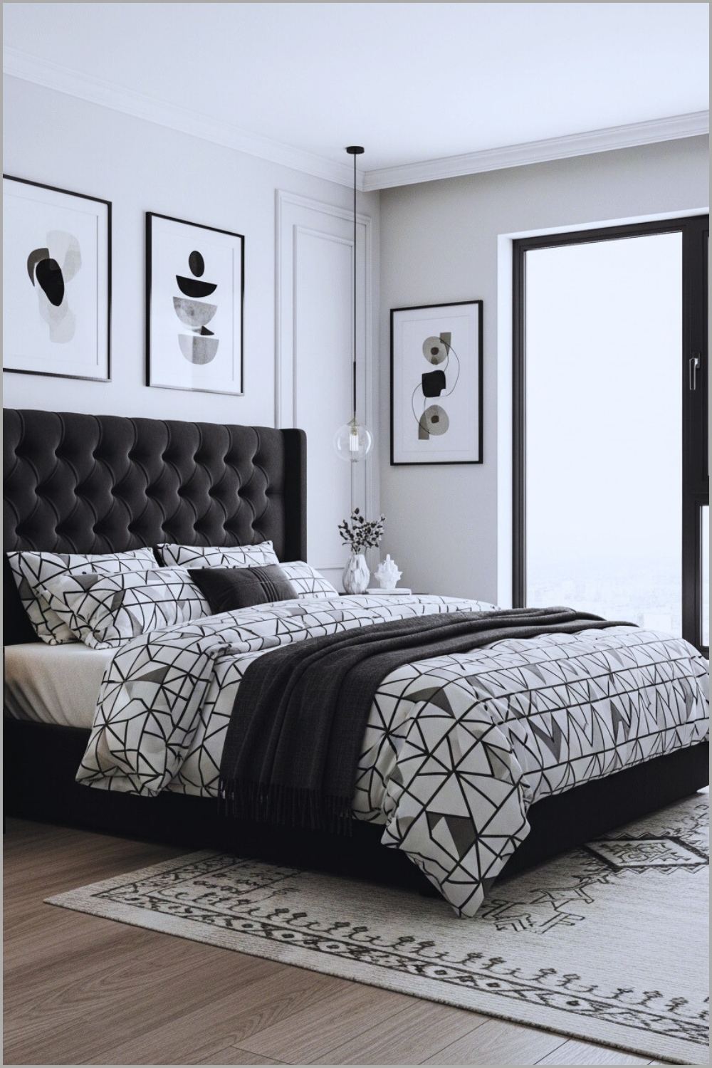 Modern Black And White Bedroom With Tufted Black Headboard