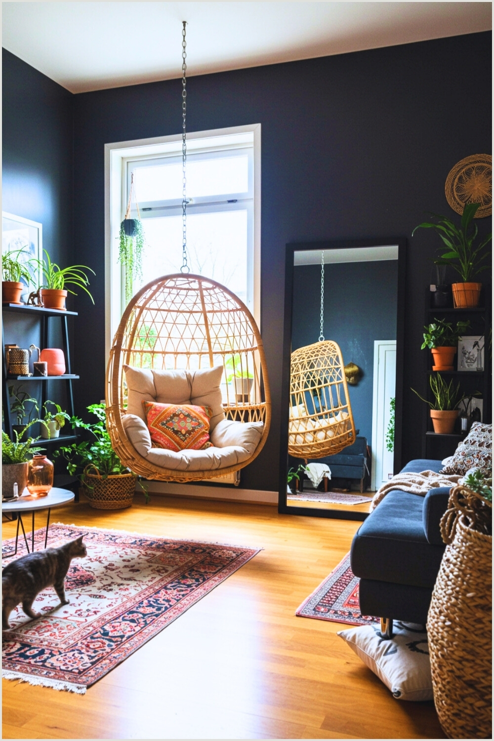 Modern Bohemian Living Room Dark Walls Large Window