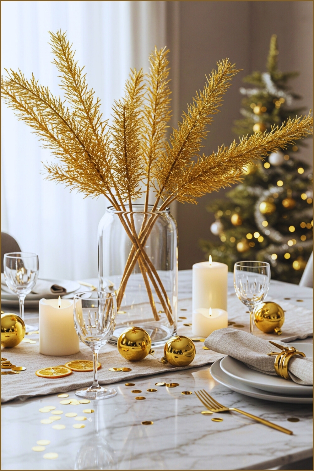 Modern Christmas Table Setting With Gold Vase