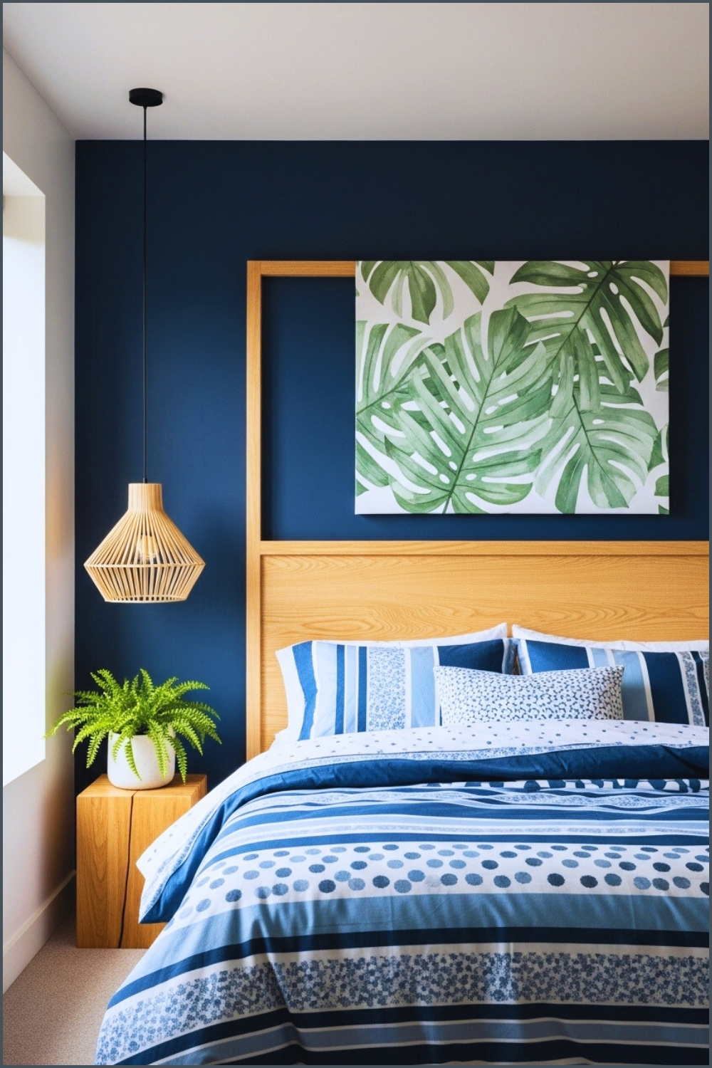 Modern Coastal Bedroom With Navy Blue Accent Wall Wooden Headboard