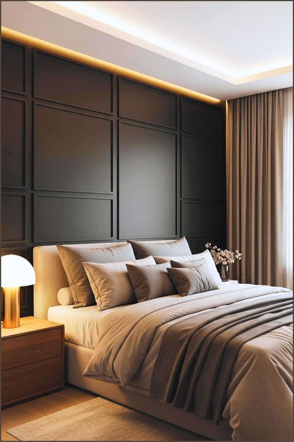 Modern Contemporary Bedroom With Matte Black Paneled Wall