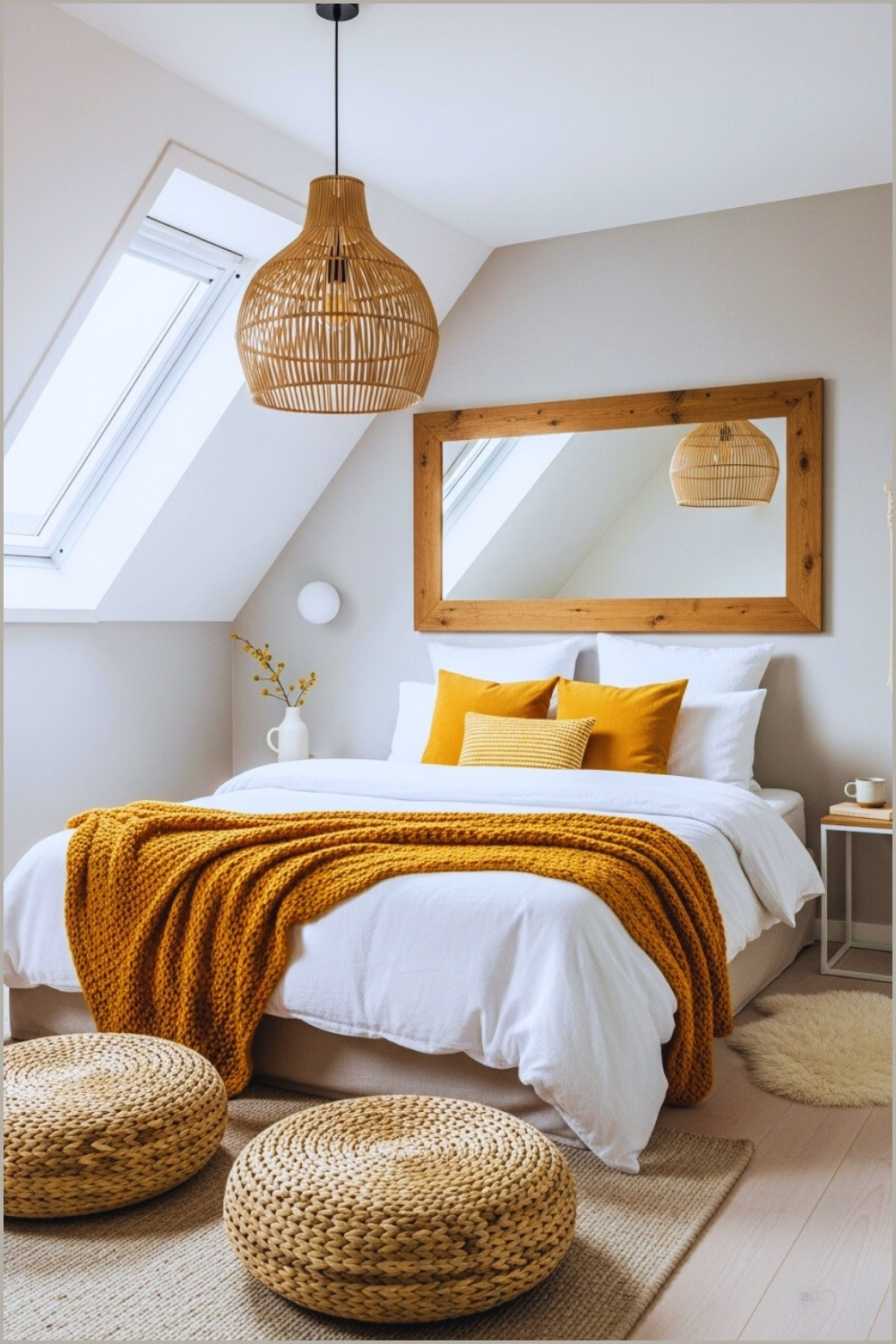 Modern Cozy Bedroom In Neutral Tones With Mustard Yellow Throw Blanket And Pillows