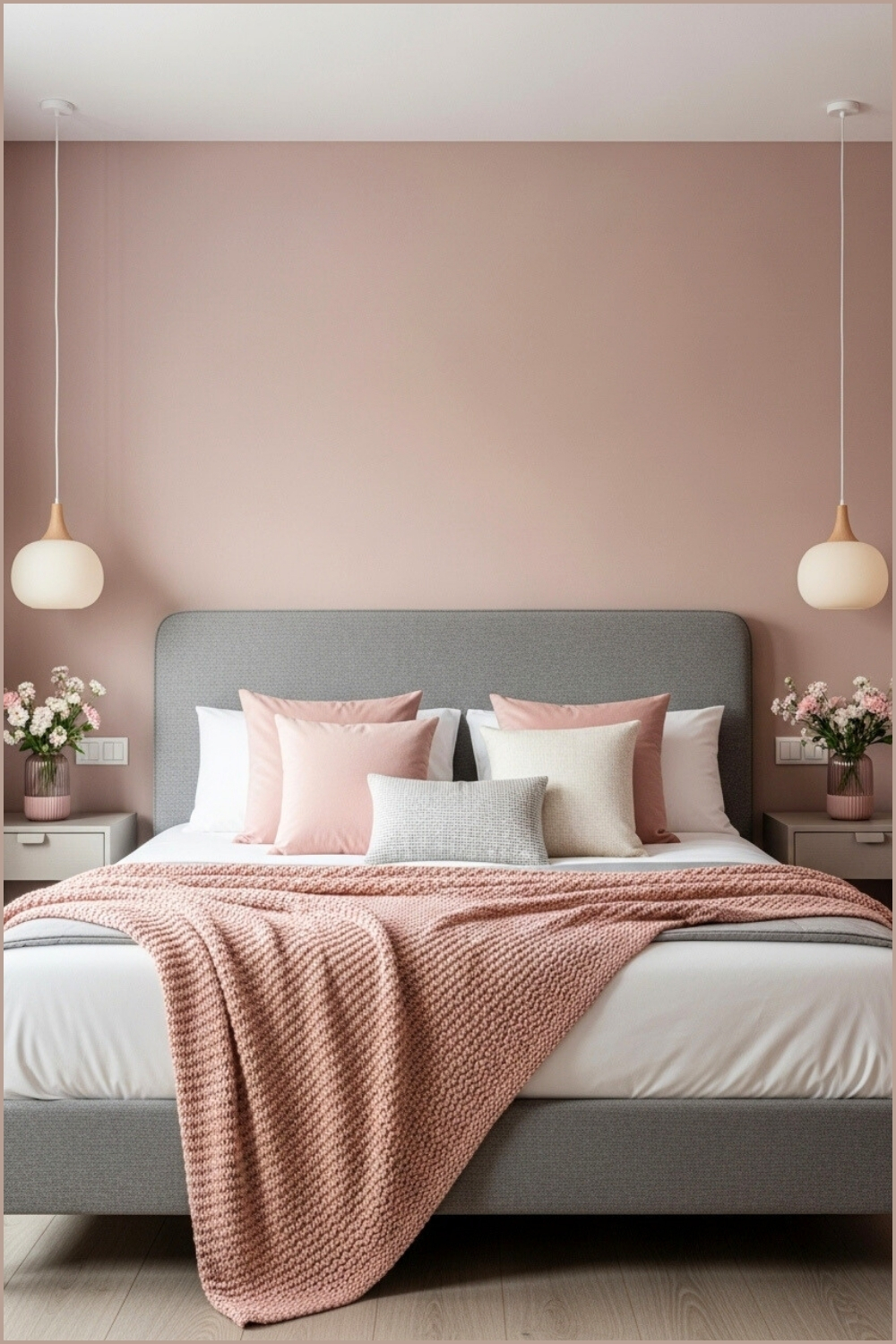 Modern Cozy Bedroom, Muted Blush Pink Walls, Gray Upholstered Bed