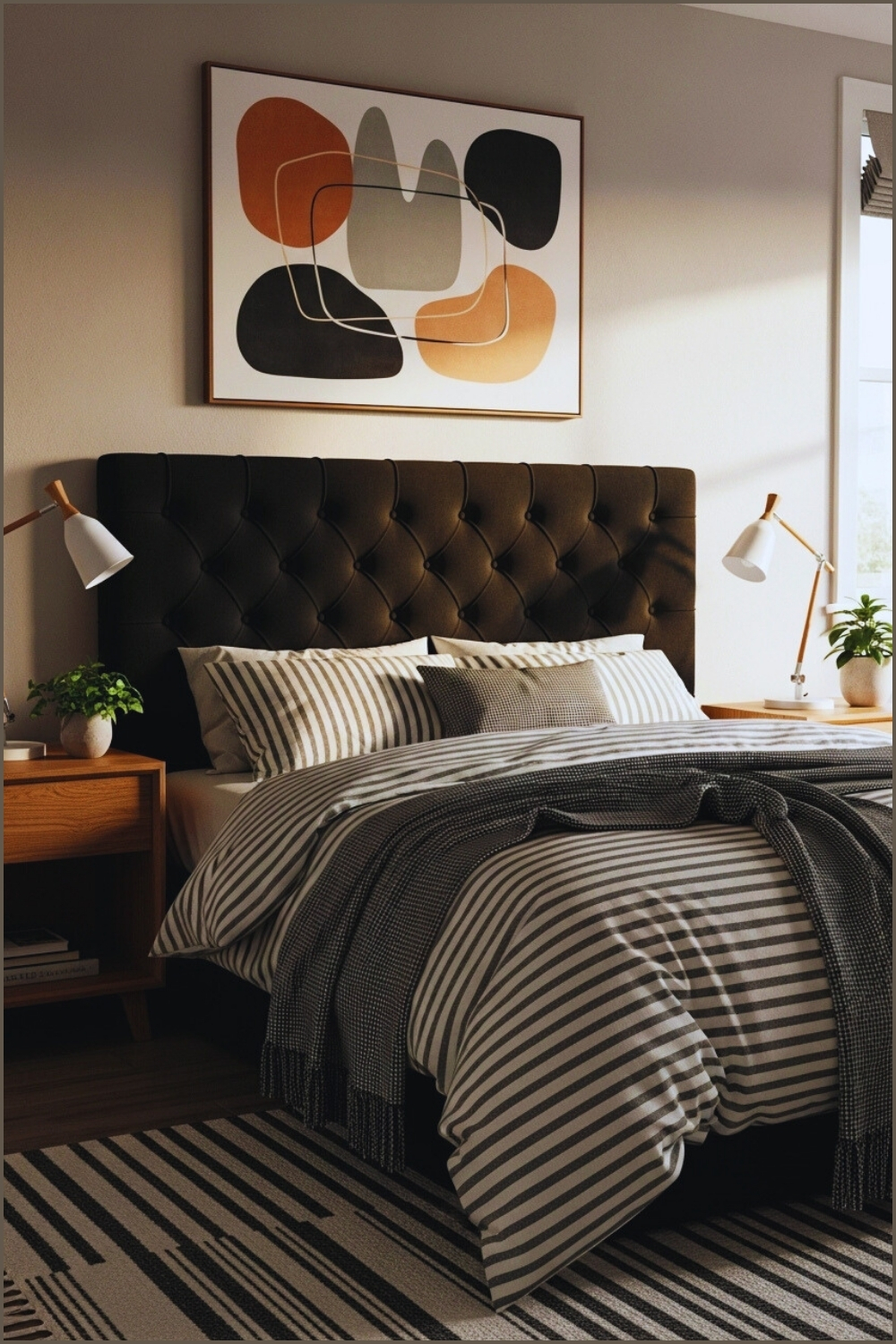 Modern Cozy Bedroom With Black Tufted Headboard Black And White