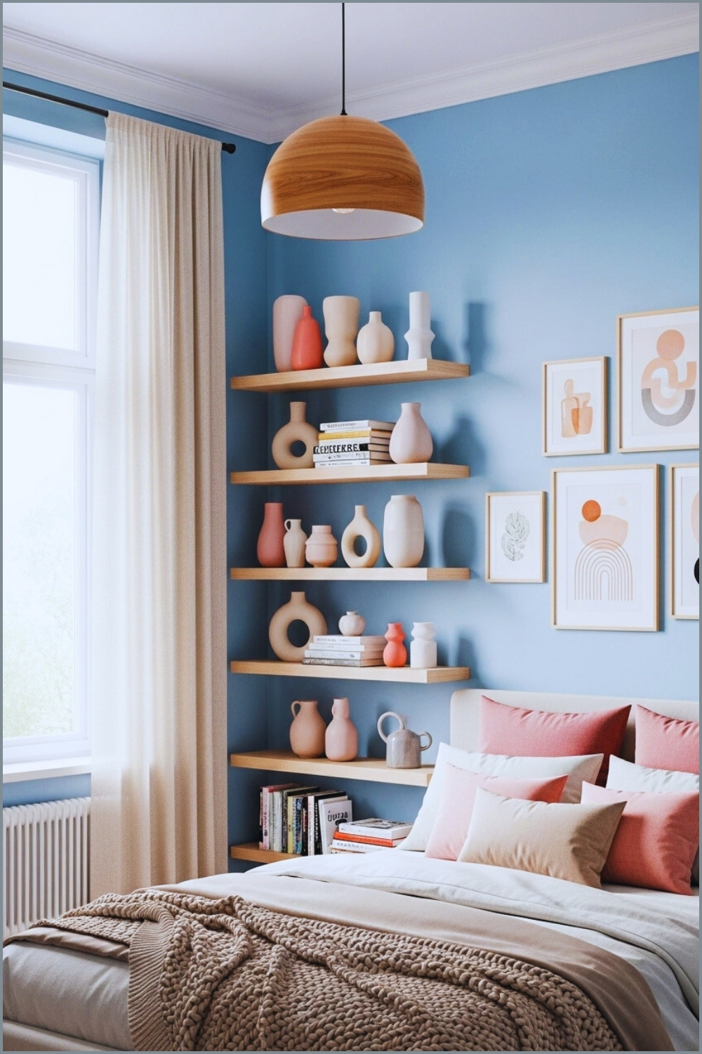Modern Cozy Bedroom With Floating Wooden Shelves Styled With Colorful
