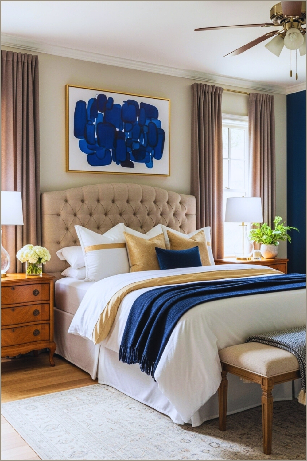 Modern Cozy Bedroom With Navy Blue Accent Decor Abstract Blue Wall Art