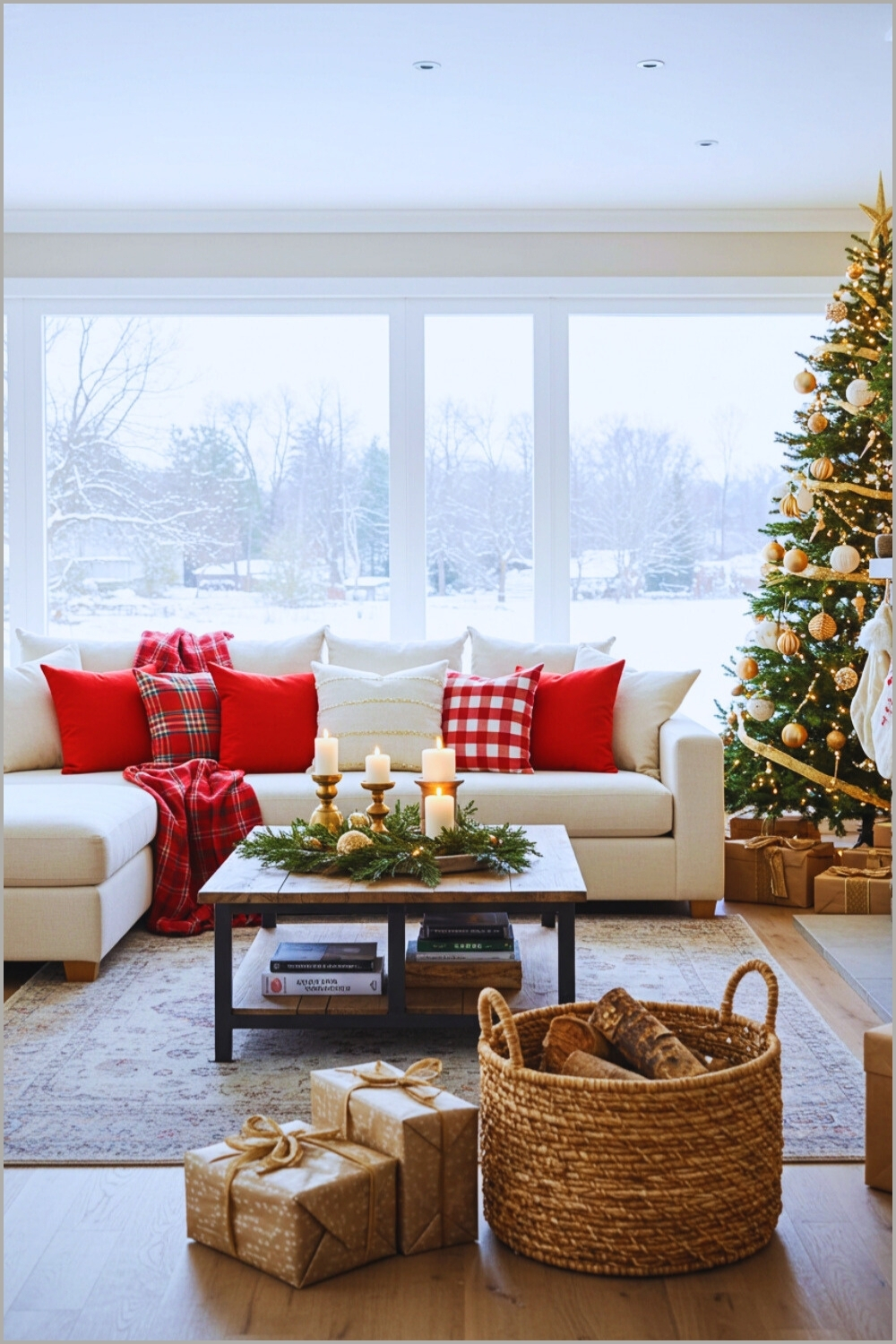 Modern Cozy Christmas Living Room With Large Windows