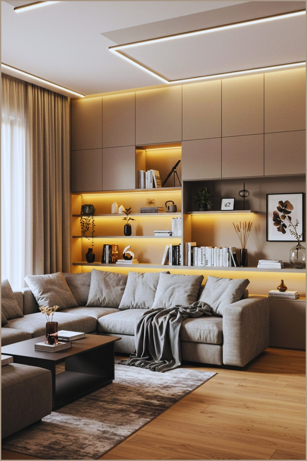 Modern Cozy Living Room Built Shelves Warm Lighting