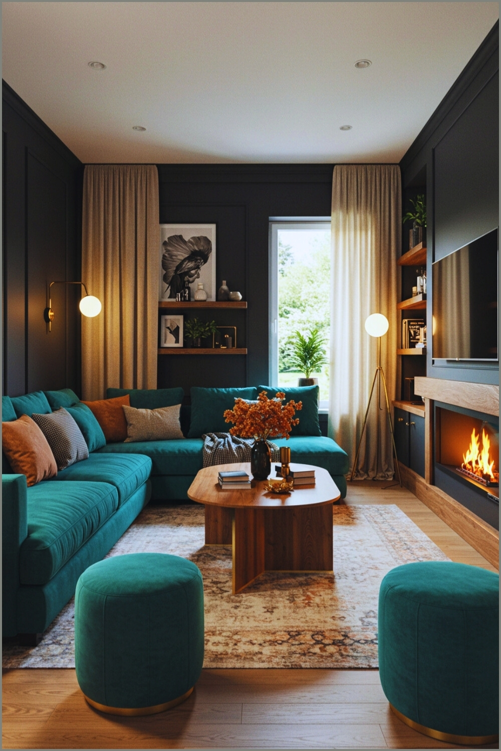 Modern Cozy Living Room Dark Walls And Teal Velvet Sofa