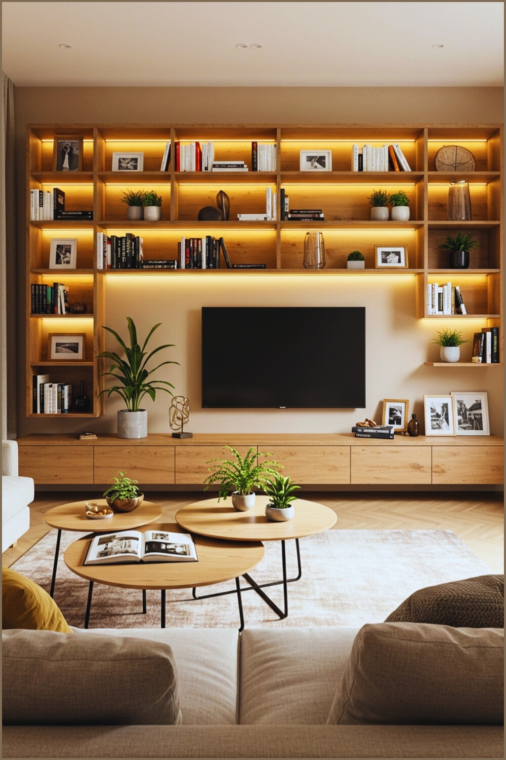 Modern Cozy Living Room Floating Wooden Bookshelves