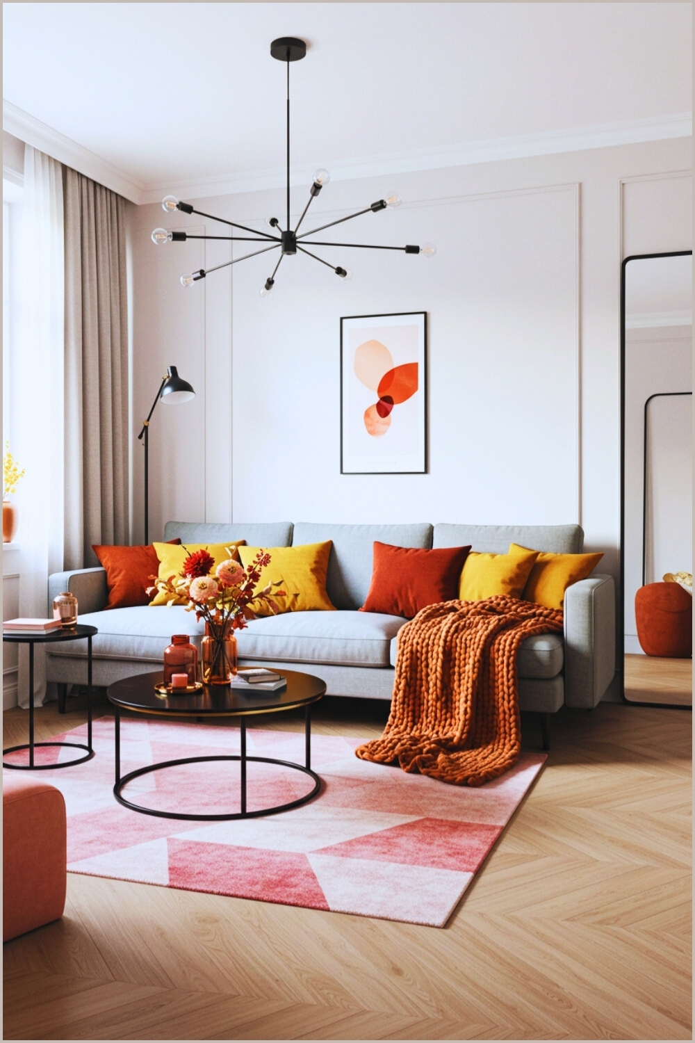 Modern Cozy Living Room Large Gray Sofa Colorful Mix