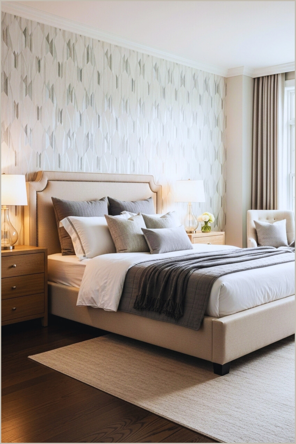 Modern Elegant Bedroom With Beige Upholstered Bed Geometric Patterned