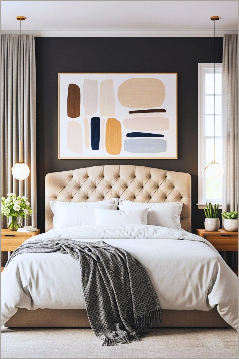 Modern Elegant Bedroom With Dark Accent Wall Large Abstract Art Above Bed