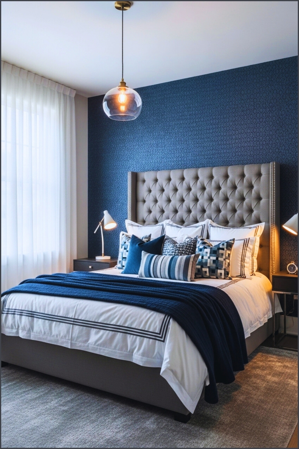Modern Elegant Bedroom With Navy Blue And Gray Color Palette