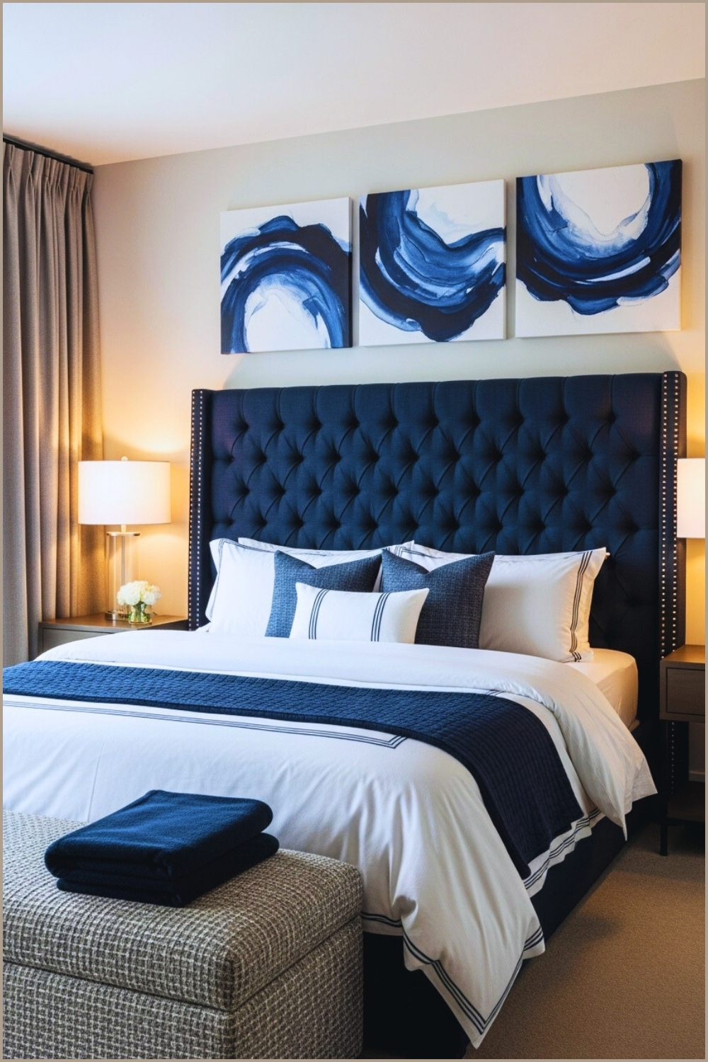 Modern Elegant Bedroom With Navy Blue Upholstered Headboard
