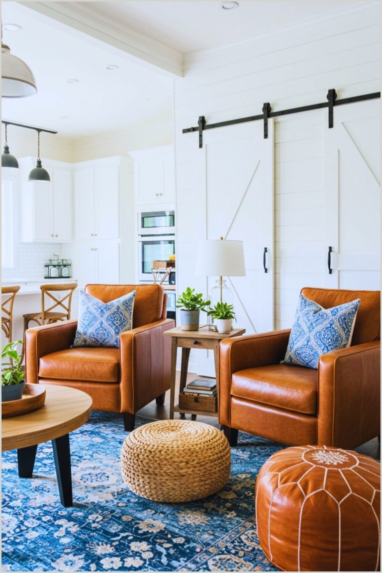 Modern Farmhouse Living Room Brown Leather Armchairs
