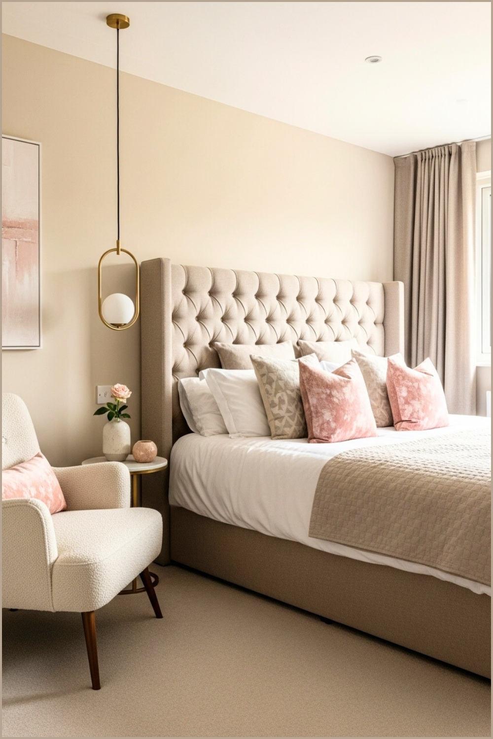 Modern Feminine Bedroom, Neutral Beige Tones With Blush Pink Accents