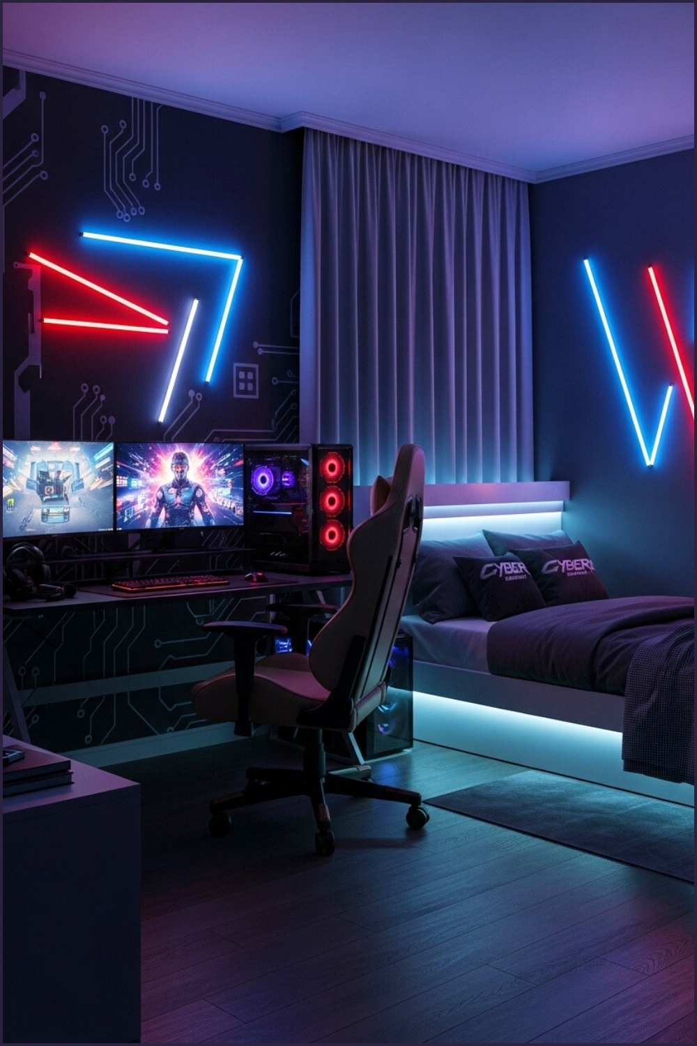 Modern Gaming-inspired Boys Bedroom With Neon Led Lights, Large Gaming Setup