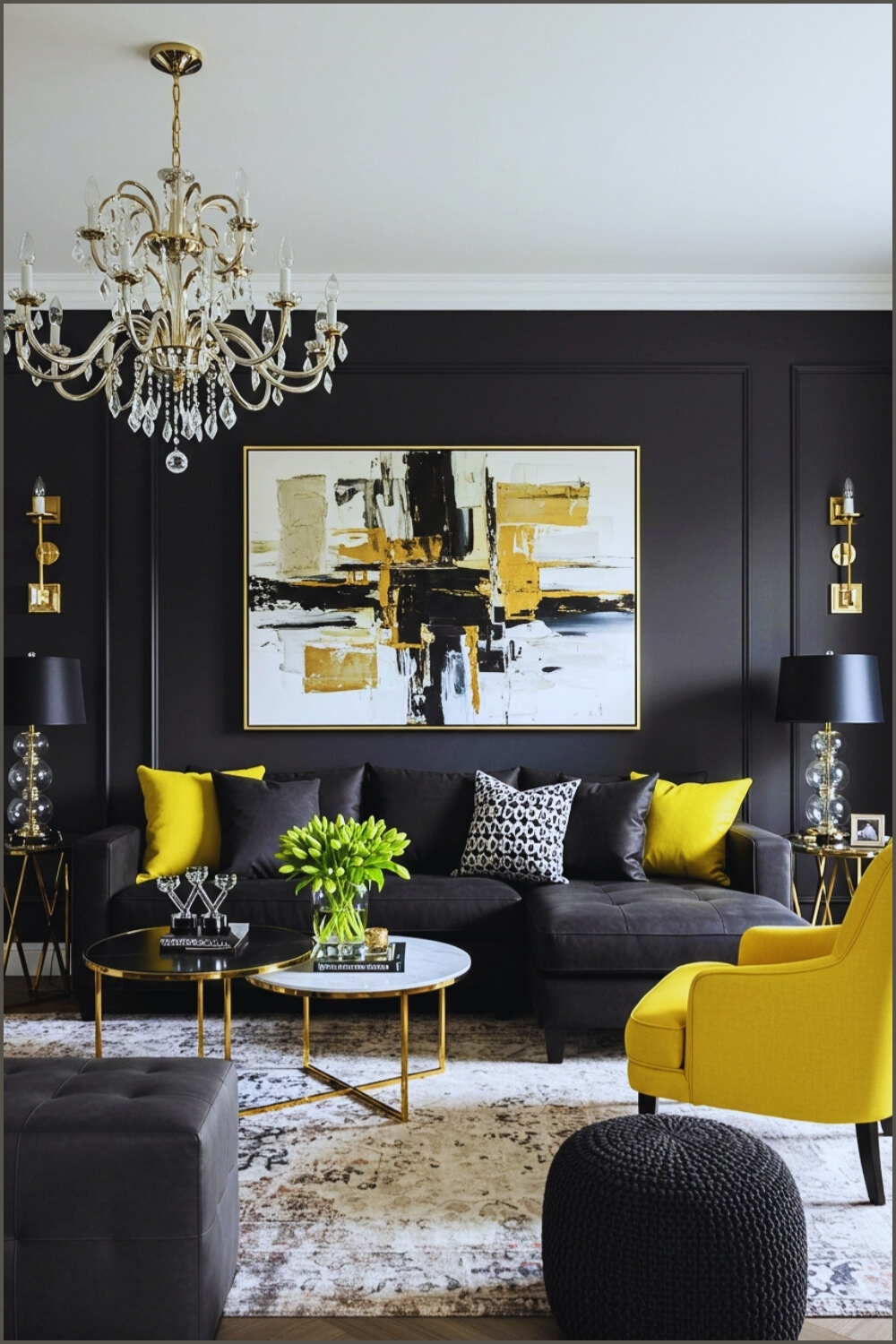 Modern Glam Living Room Dark Walls Sectional