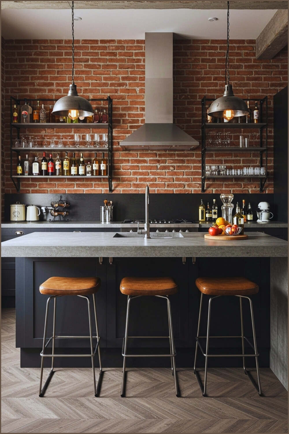 Modern Industrial Kitchen Exposed Brick Dark Island