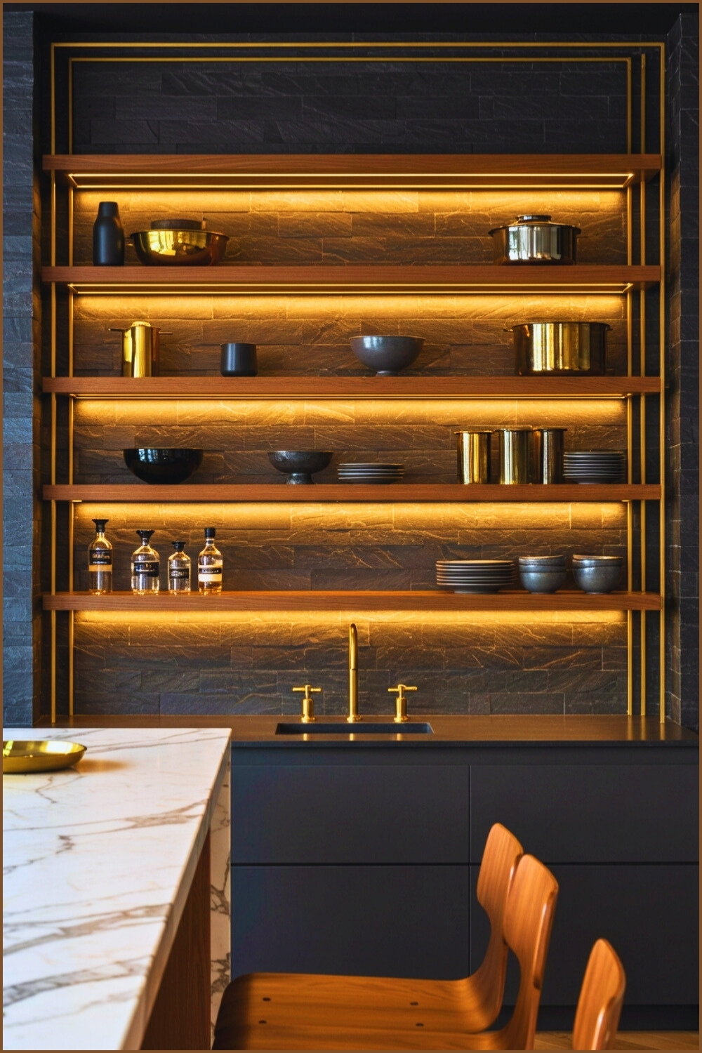 Modern Kitchen Dark Stone Tiles Gold Accented Shelving