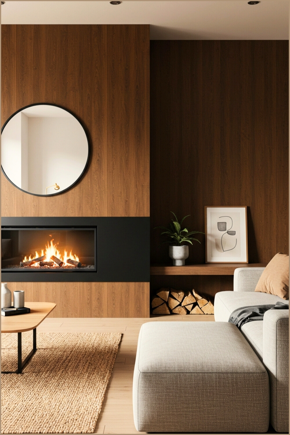 Modern Living Room A Rich Wood-paneled Fireplace Wall