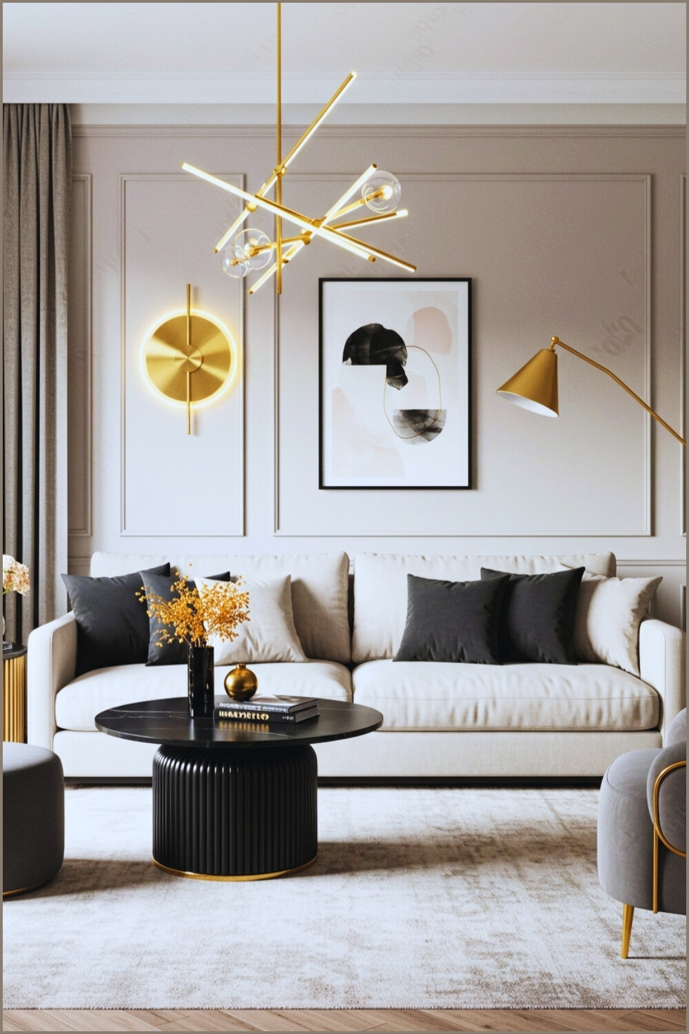 Modern Living Room Black White Sofa Gold Accents