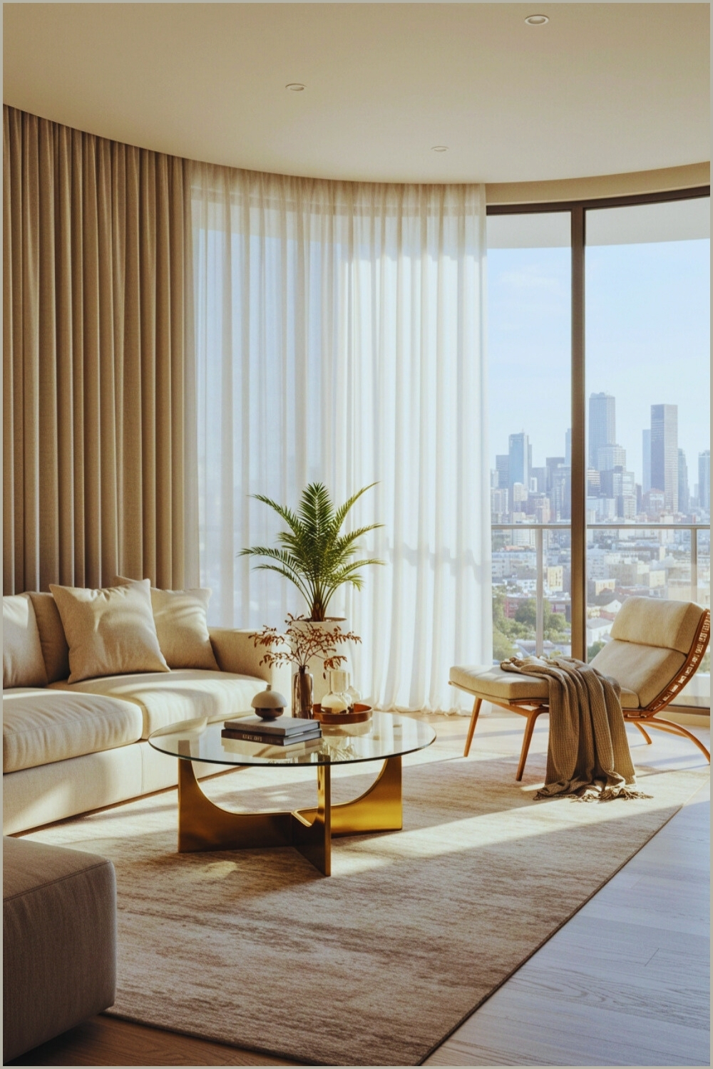 Modern Living Room Curved Windows And City View