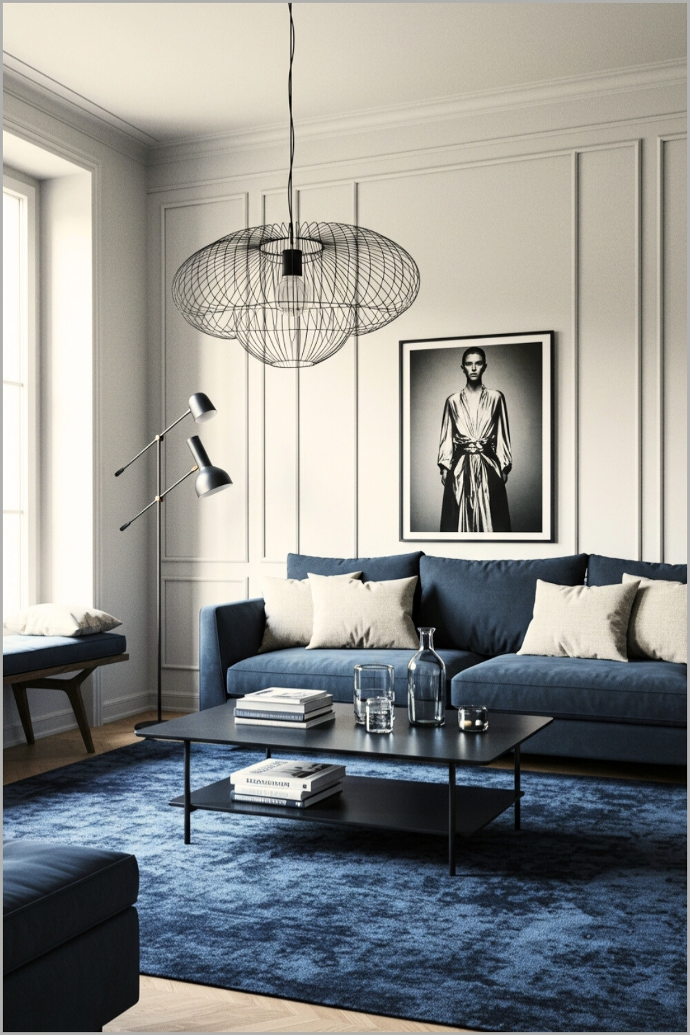 Modern Living Room Dark Blue Sofa Neutral Pillows