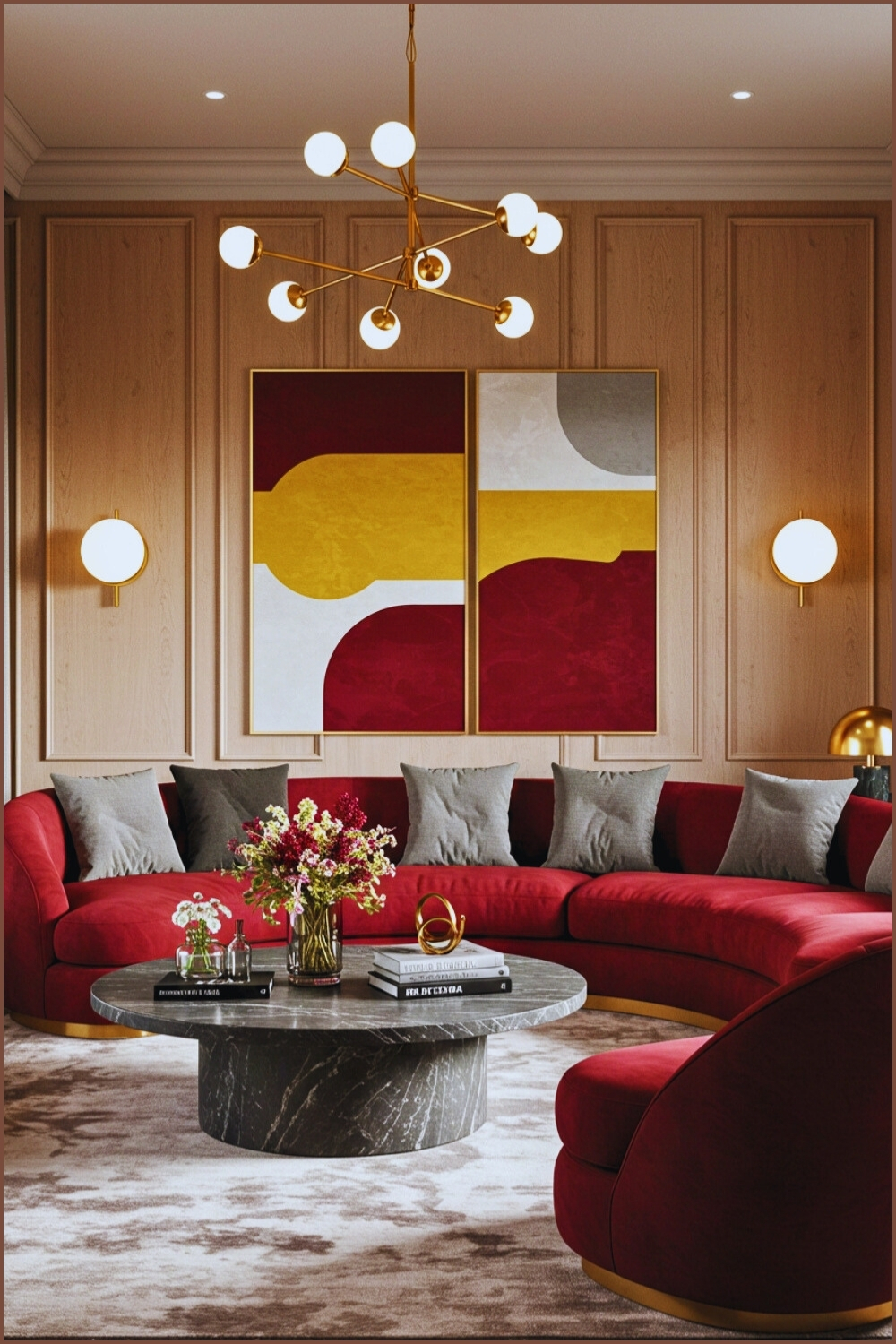 Modern Living Room Geometric Design Burgundy Sofa