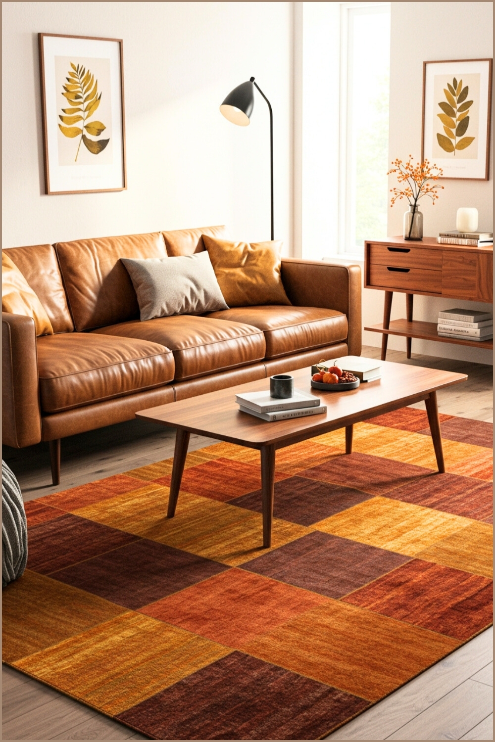 Modern Living Room Mid Century Leather Sofa