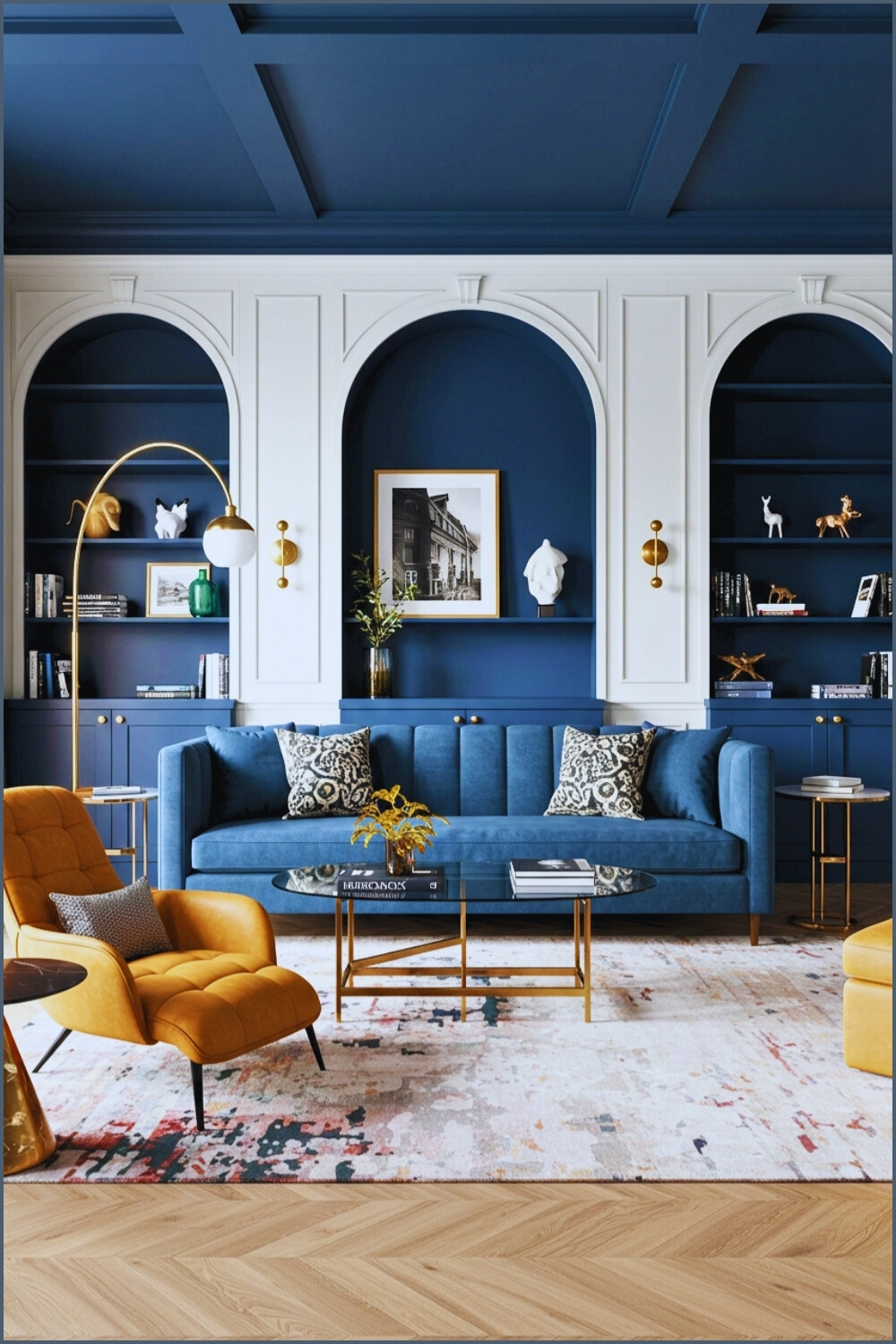 Modern Living Room With Navy Built In And Arched Design