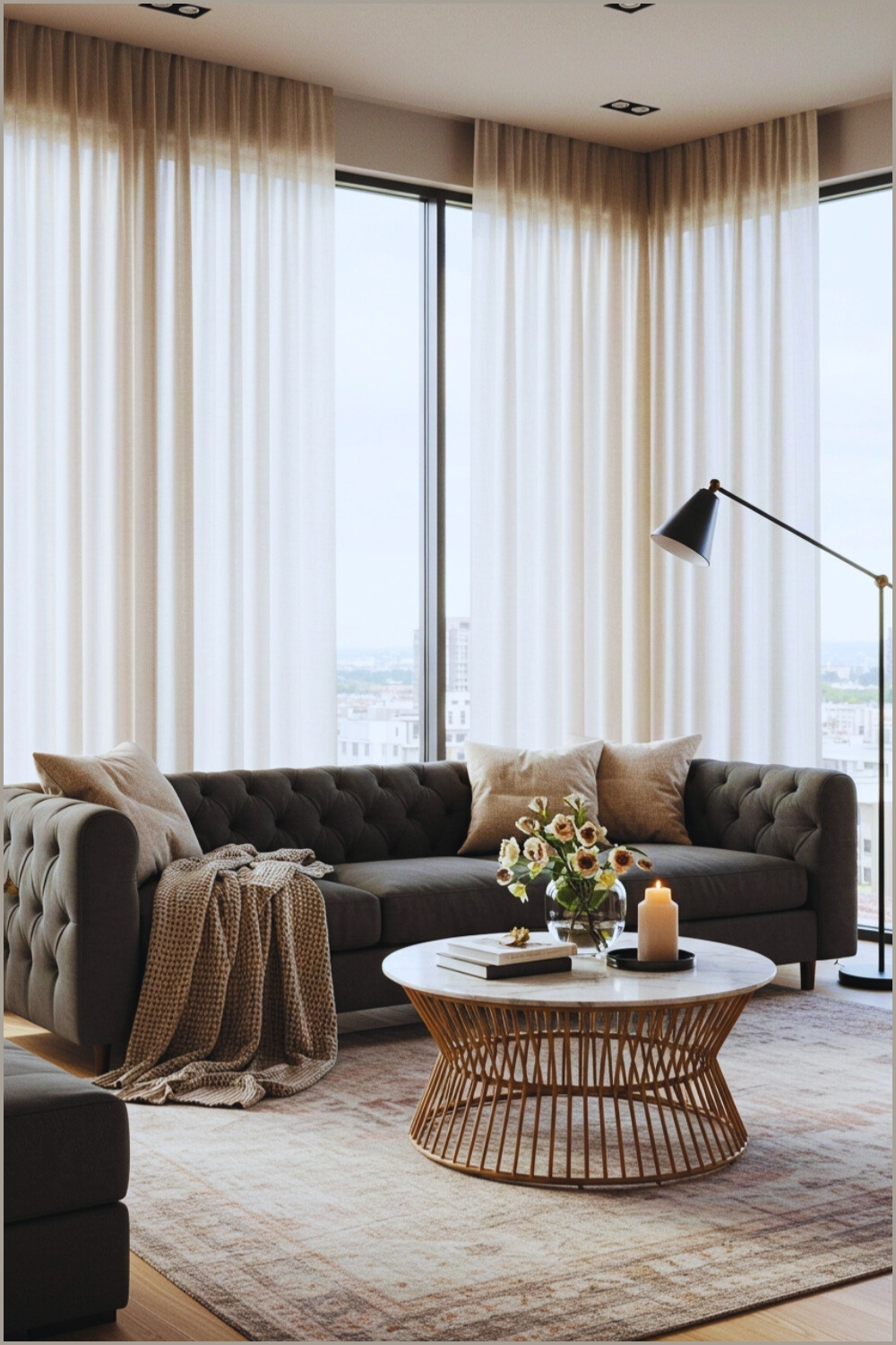 Modern Living Room Tall Windows And Beige Curtains