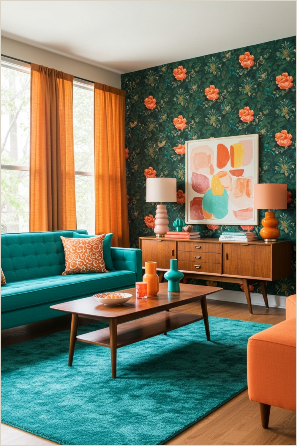 Modern Living Room Turquoise Sofa Wooden Table