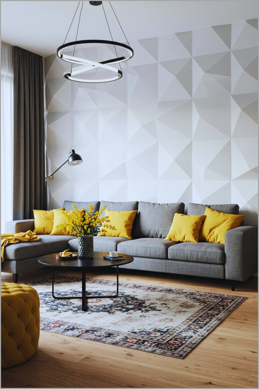 Modern Living Room With Gray Sectional Mustard Yellow Pillows