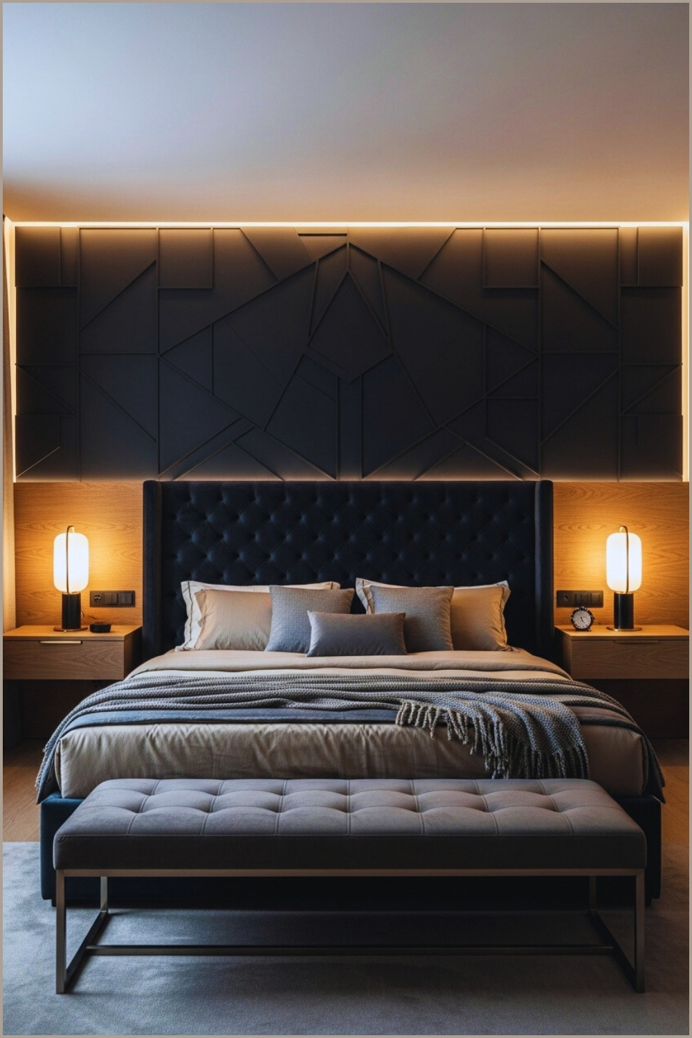 Modern Luxury Bedroom Interior With Dark Geometric Accent Wall