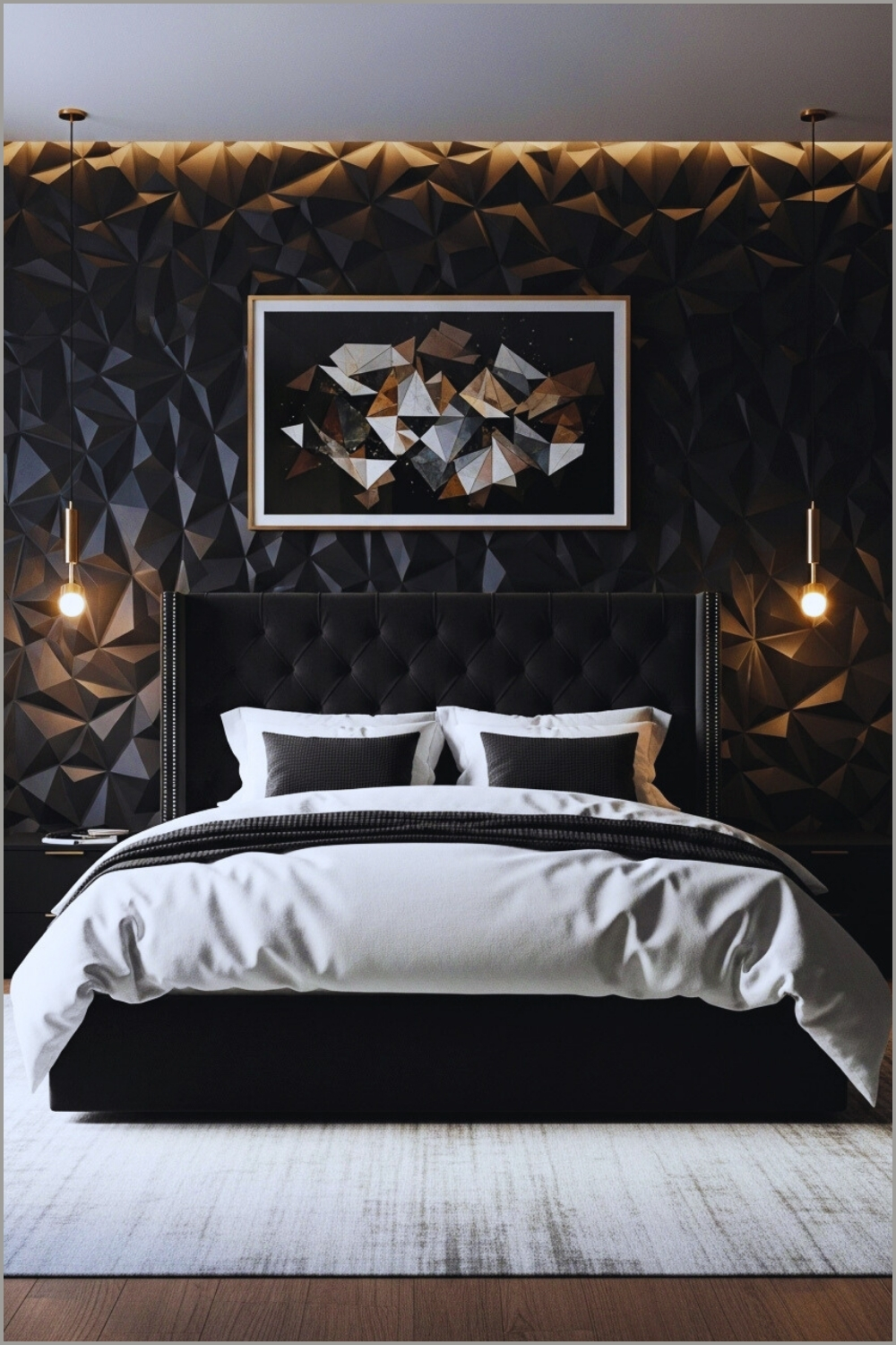 Modern Luxury Bedroom With Dark Geometric Accent Wall Black Tufted Bed Fram