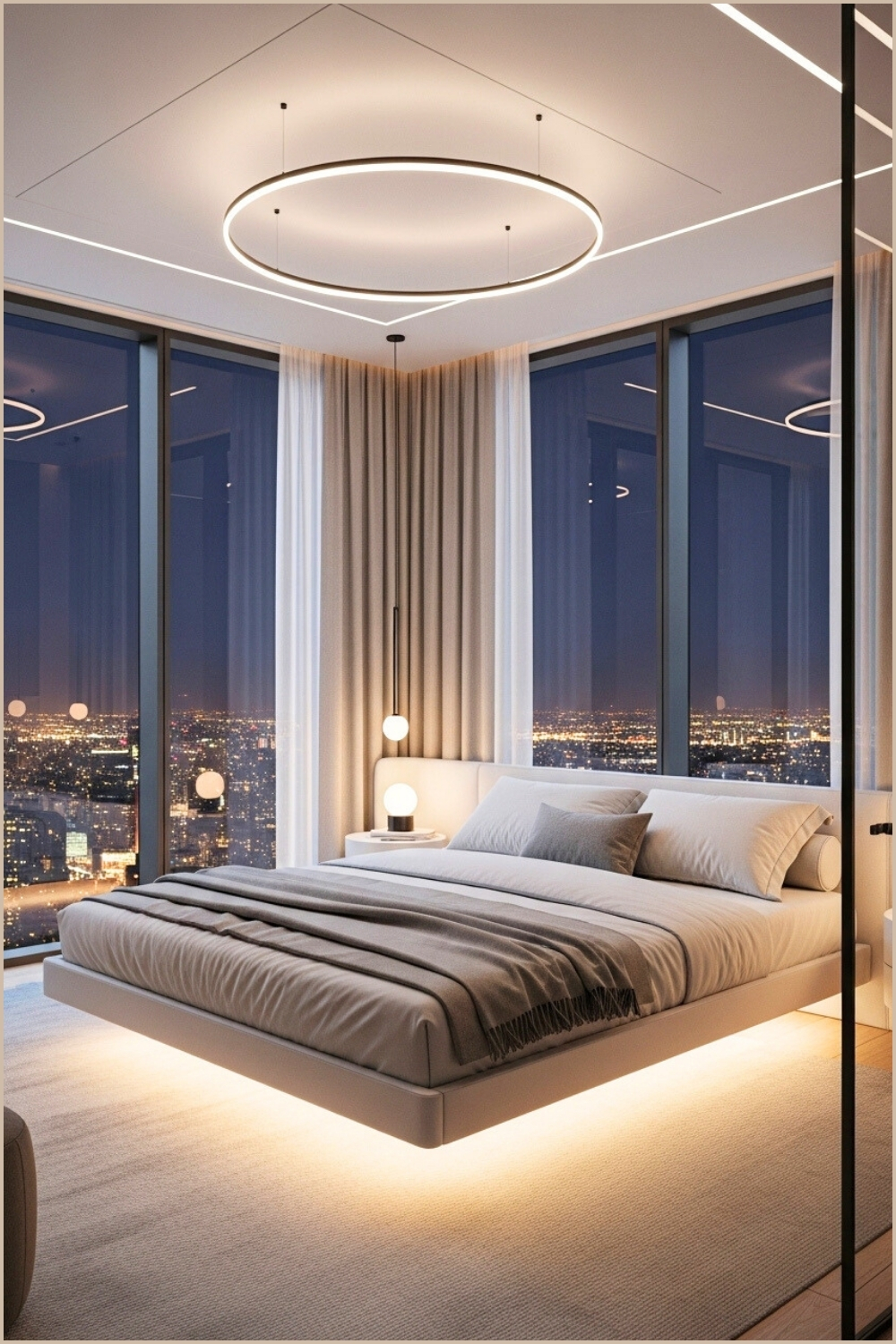 Modern Luxury Bedroom With Panoramic City View, Floor-to-ceiling Windows