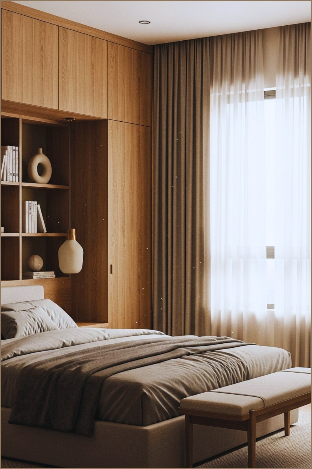Modern Minimalist Bedroom Interior With Built In Wooden Shelving