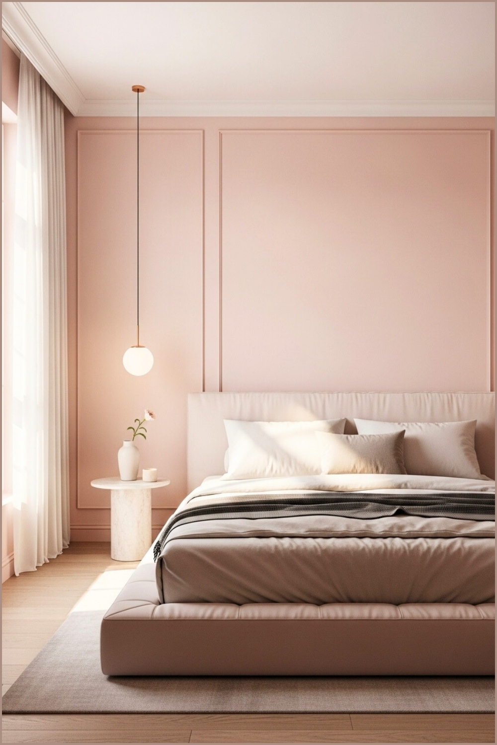 Modern Minimalist Bedroom, Soft Blush Walls, Tufted Low Bed