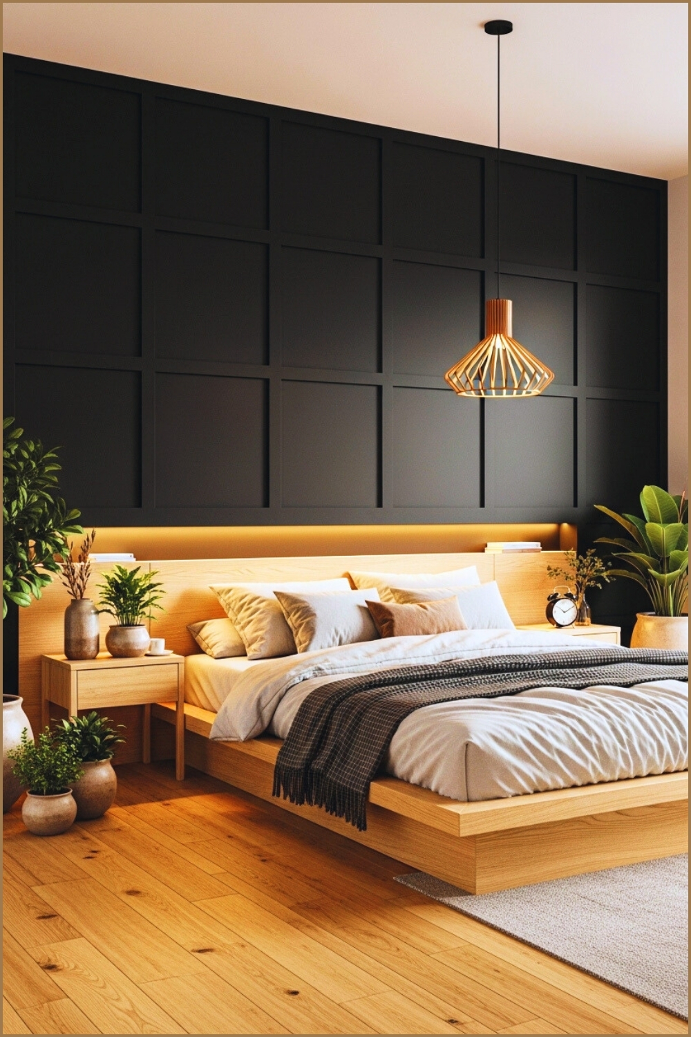 Modern Minimalist Bedroom With Black Paneled Wall Natural Wood Furniture