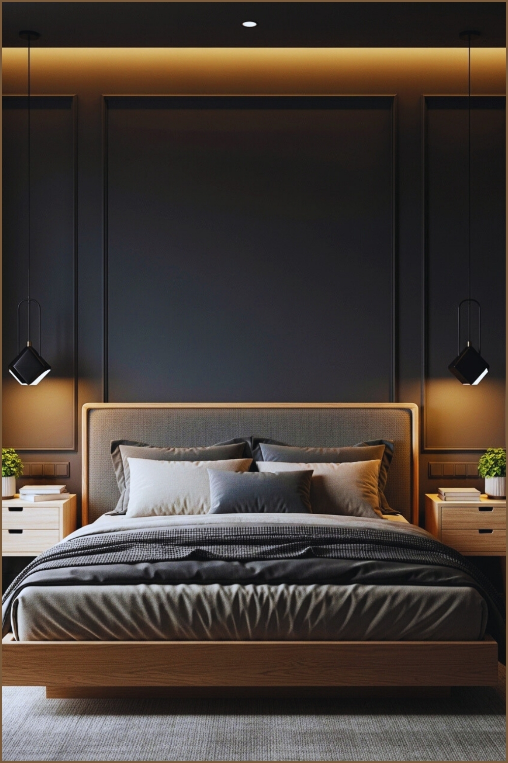 Modern Minimalist Bedroom With Dark Matte Walls Soft Ambient Lighting